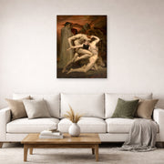 Unframed poster print of William-Adolphe Bouguereau's Dante and Virgil in Hell displayed on a wall in a second living room setting