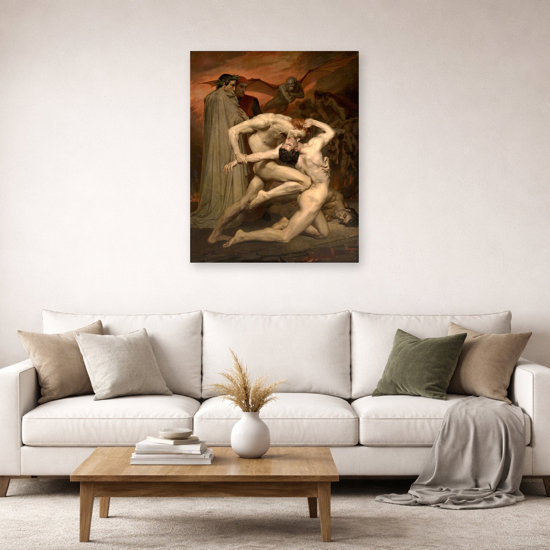 Unframed poster print of William-Adolphe Bouguereau's Dante and Virgil in Hell displayed on a wall in a second living room setting