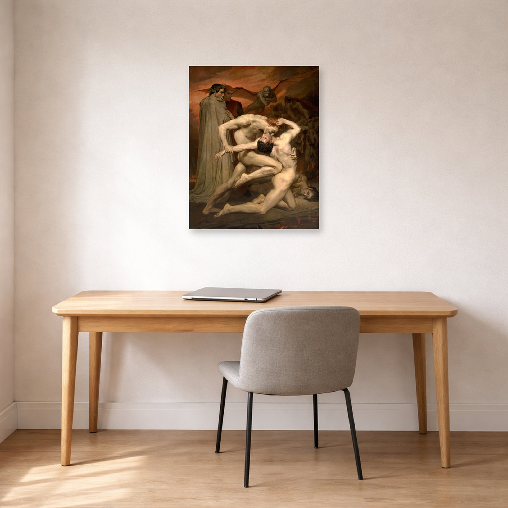 Unframed poster print of William-Adolphe Bouguereau's Dante and Virgil in Hell displayed on a wall in a office