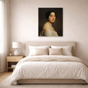 Gallery-wrapped canvas print of William-Adolphe Bouguereau's Disdain displayed on a wall in a bedroom