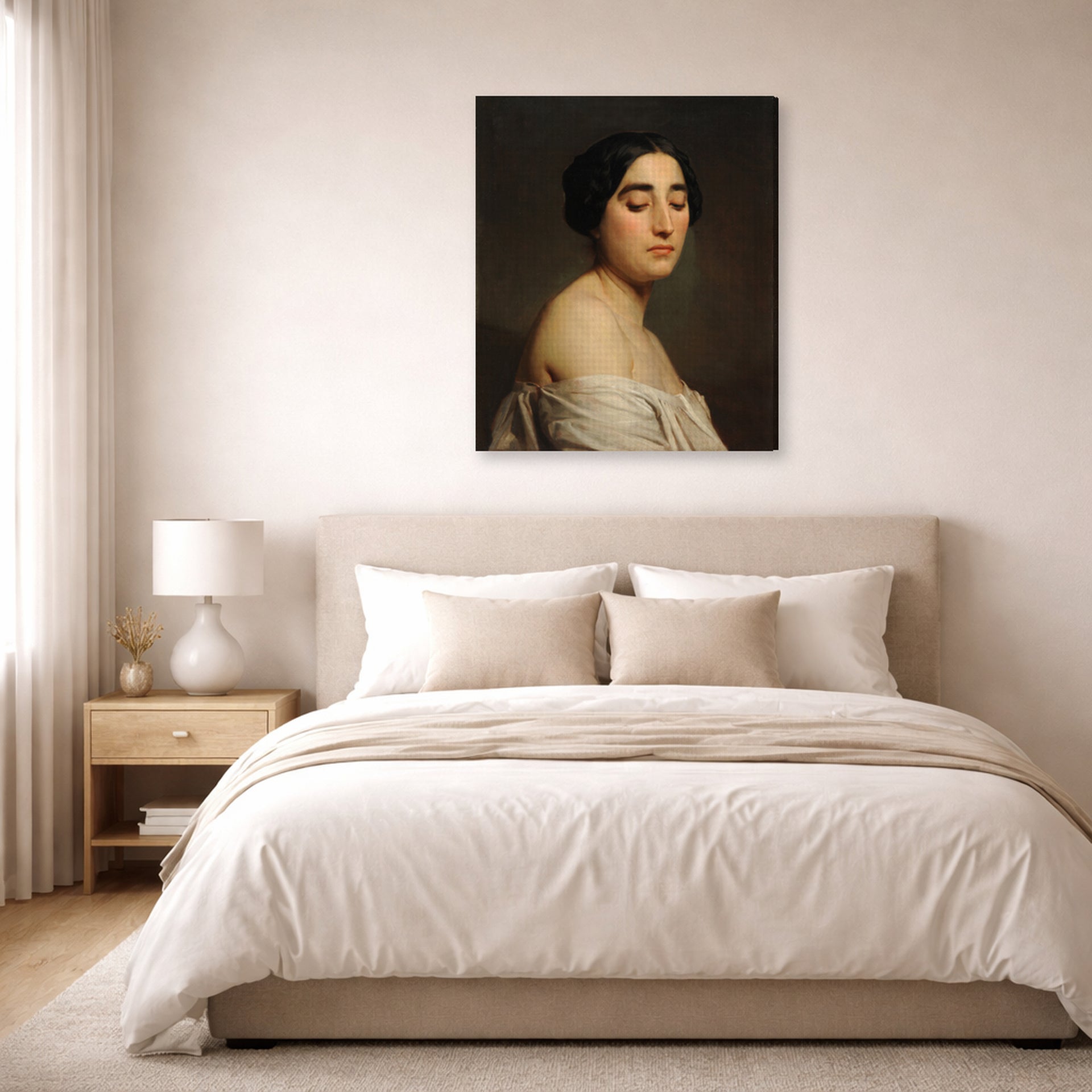 Gallery-wrapped canvas print of William-Adolphe Bouguereau's Disdain displayed on a wall in a bedroom