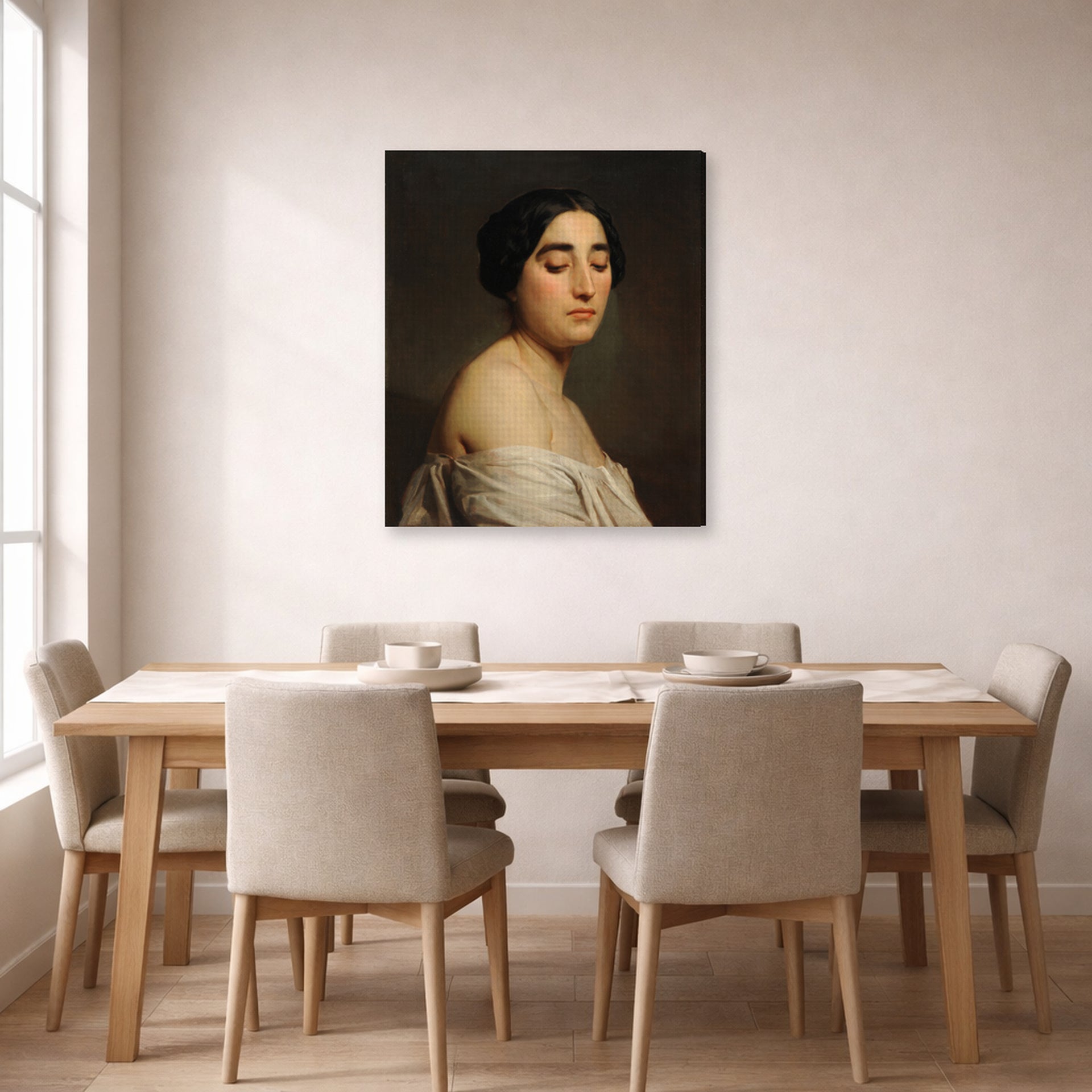 Gallery-wrapped canvas print of William-Adolphe Bouguereau's Disdain displayed on a wall in a dining room