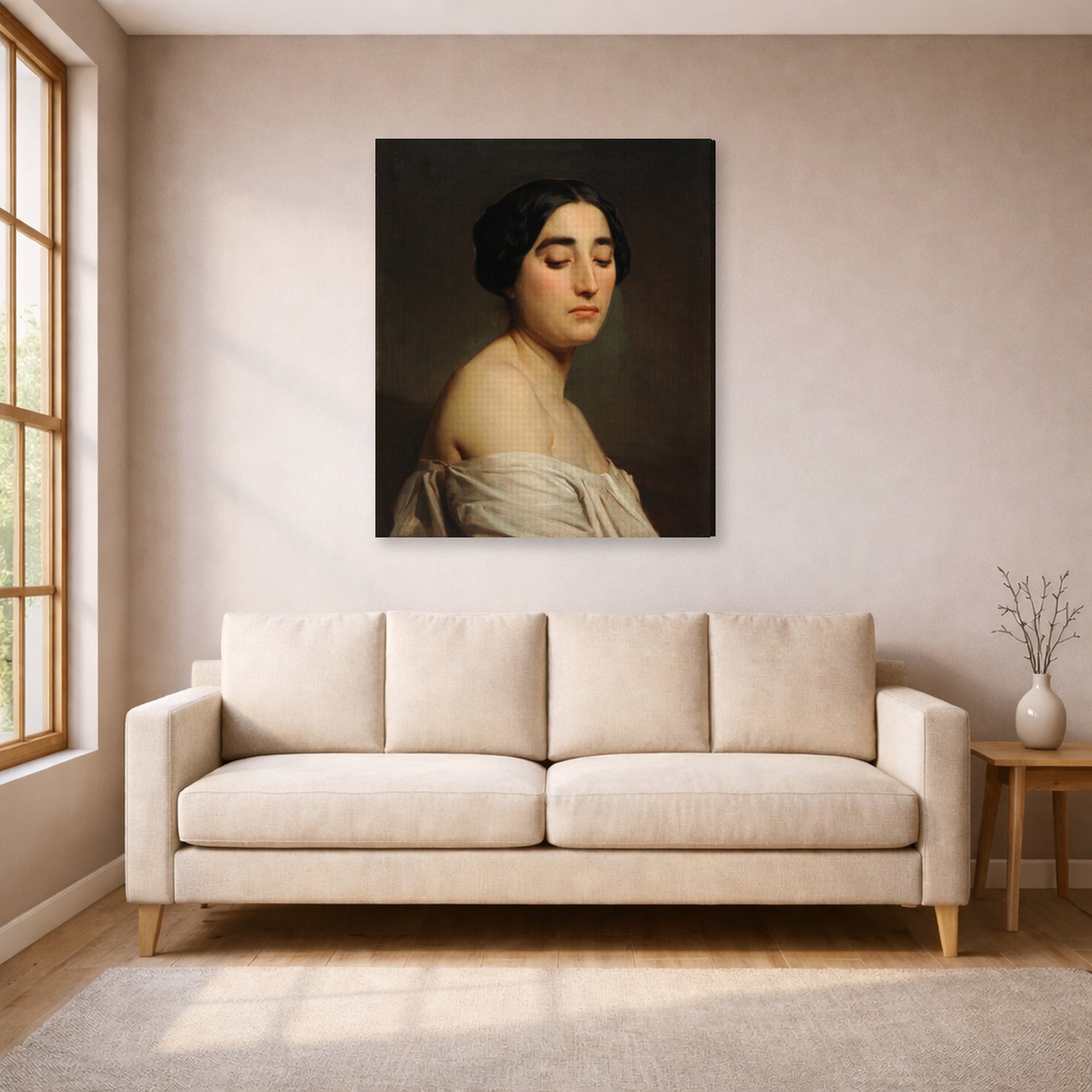 Gallery-wrapped canvas print of William-Adolphe Bouguereau's Disdain displayed on a wall in a living room