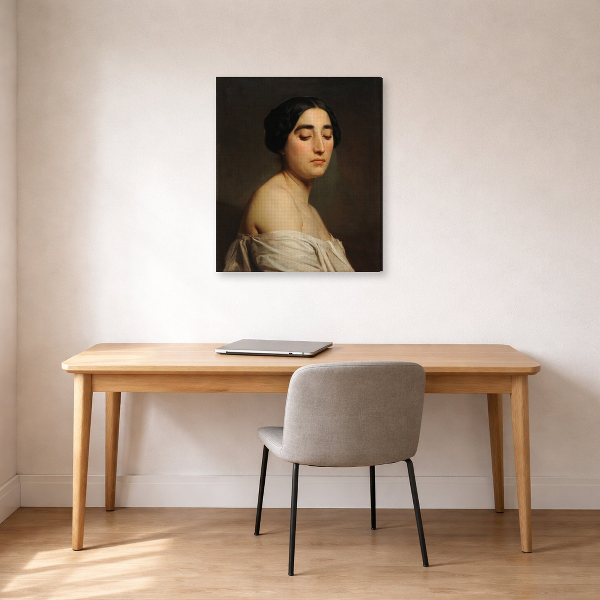 Gallery-wrapped canvas print of William-Adolphe Bouguereau's Disdain displayed on a wall in a office