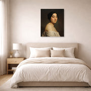 Unframed poster print of William-Adolphe Bouguereau's Disdain displayed on a wall in a bedroom