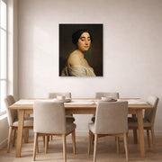 Unframed poster print of William-Adolphe Bouguereau's Disdain displayed on a wall in a dining room