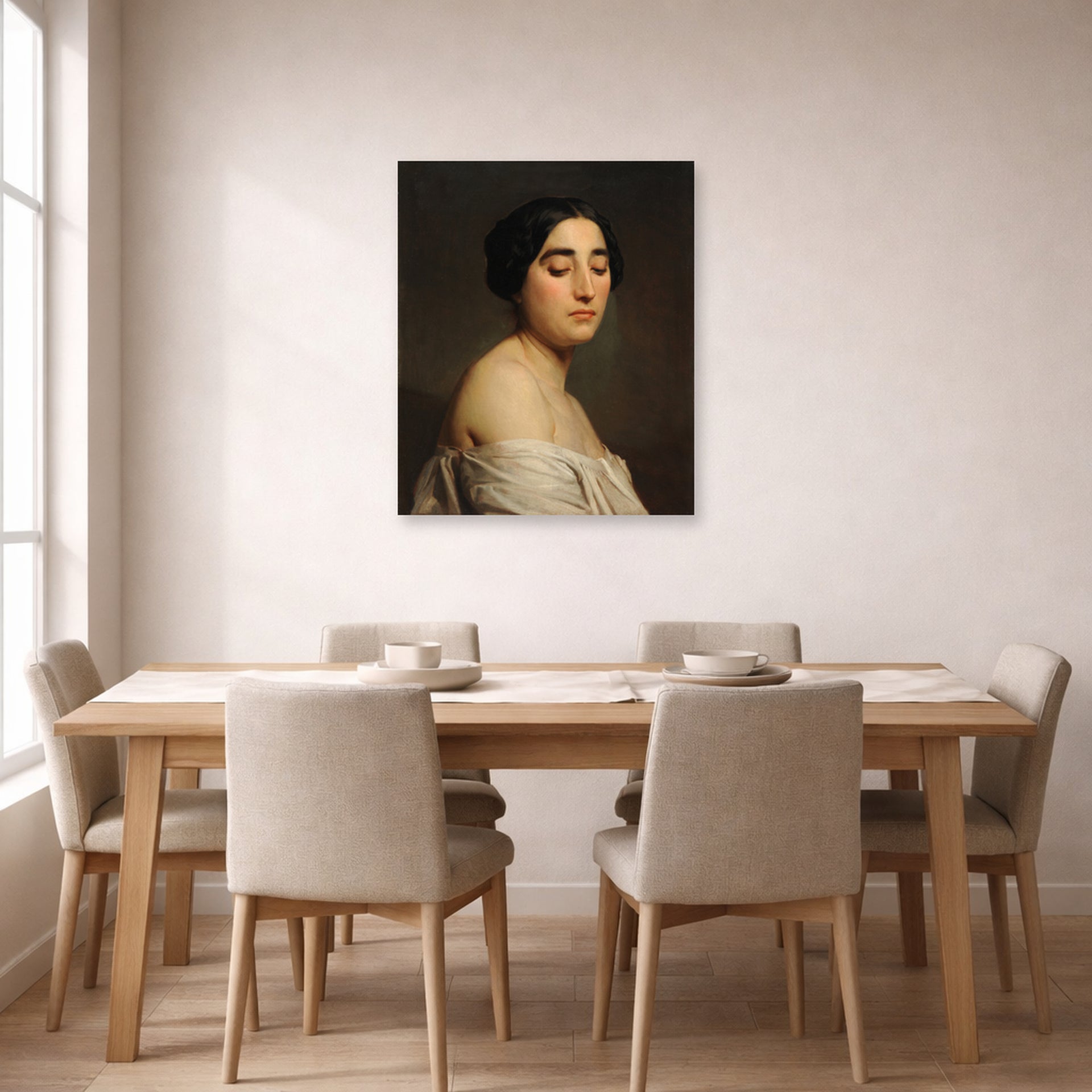 Unframed poster print of William-Adolphe Bouguereau's Disdain displayed on a wall in a dining room