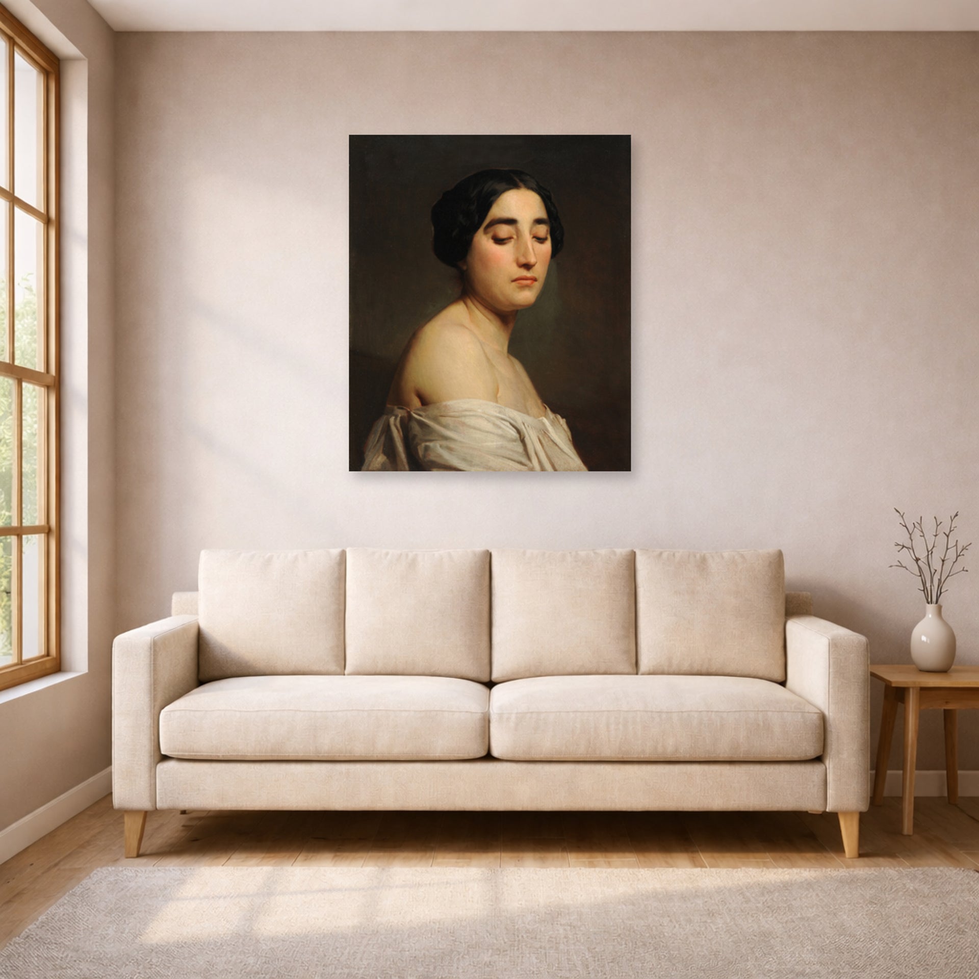 Unframed poster print of William-Adolphe Bouguereau's Disdain displayed on a wall in a living room