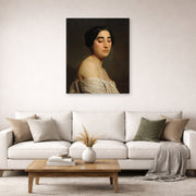 Unframed poster print of William-Adolphe Bouguereau's Disdain displayed on a wall in a second living room setting