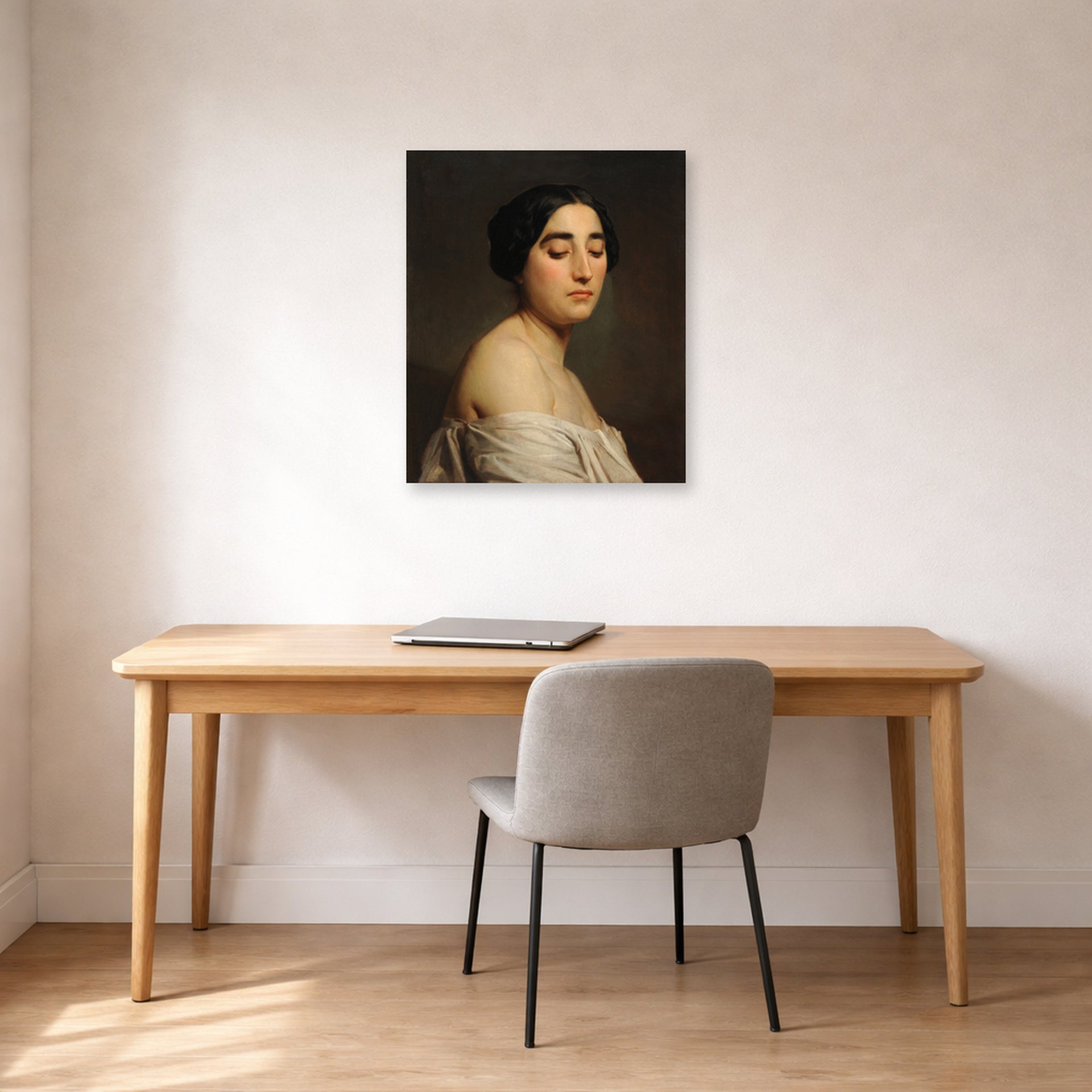 Unframed poster print of William-Adolphe Bouguereau's Disdain displayed on a wall in a office