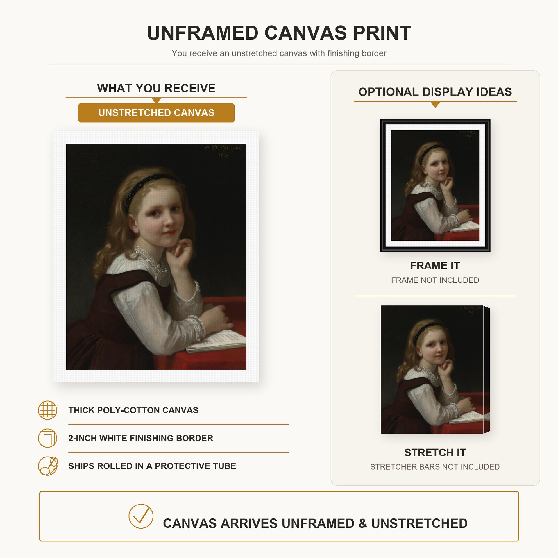 William-Adolphe Bouguereau - Distraction canvas print size comparison and framing display infographic