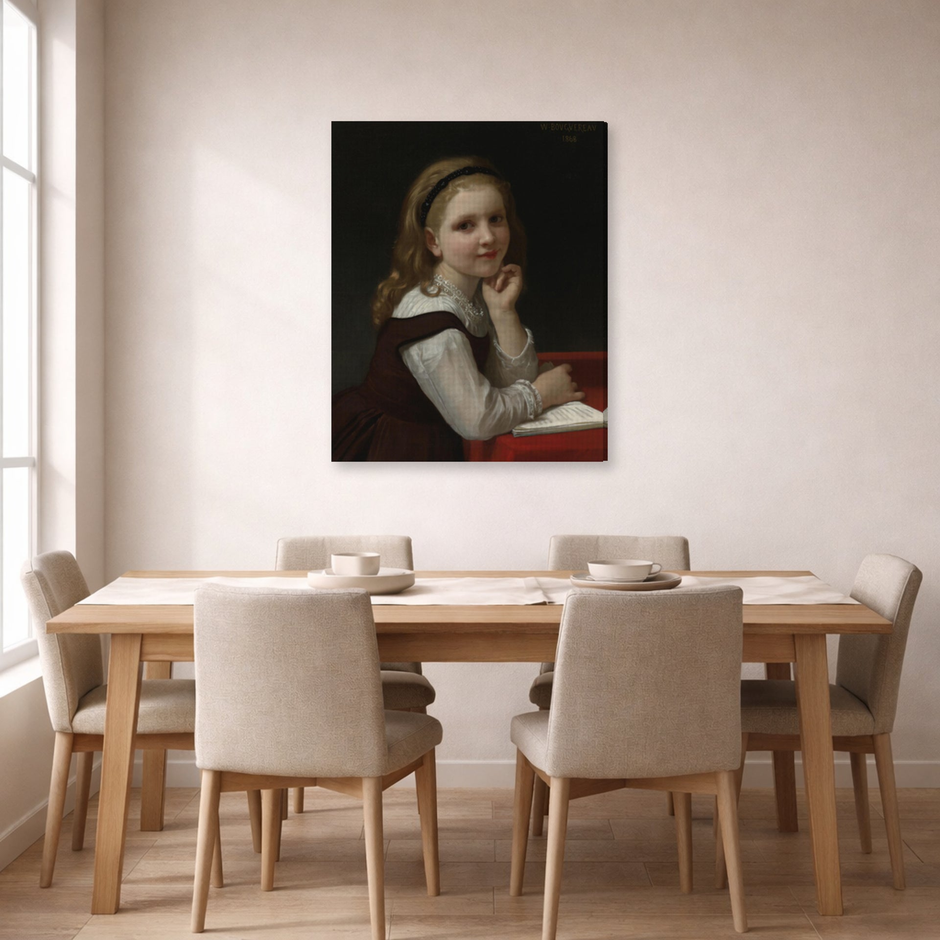 Gallery-wrapped canvas print of William-Adolphe Bouguereau's Distraction displayed on a wall in a dining room