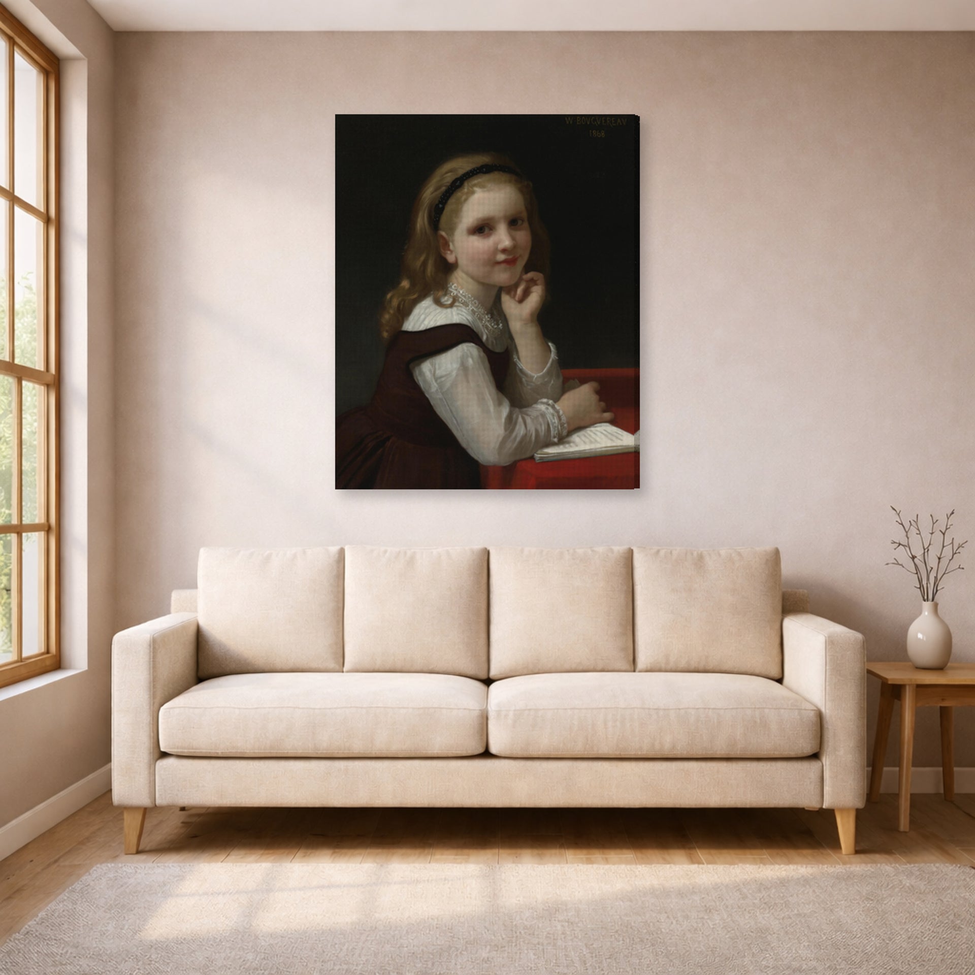 Gallery-wrapped canvas print of William-Adolphe Bouguereau's Distraction displayed on a wall in a living room