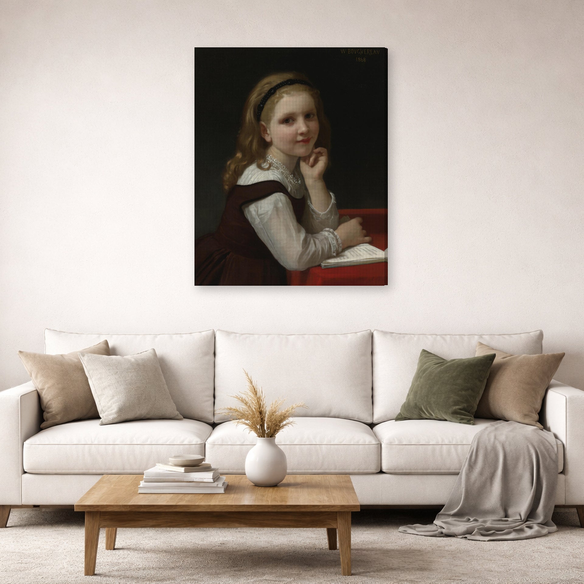 Gallery-wrapped canvas print of William-Adolphe Bouguereau's Distraction displayed on a wall in a second living room setting