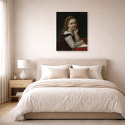 Unframed poster print of William-Adolphe Bouguereau's Distraction displayed on a wall in a bedroom
