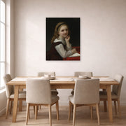 Unframed poster print of William-Adolphe Bouguereau's Distraction displayed on a wall in a dining room