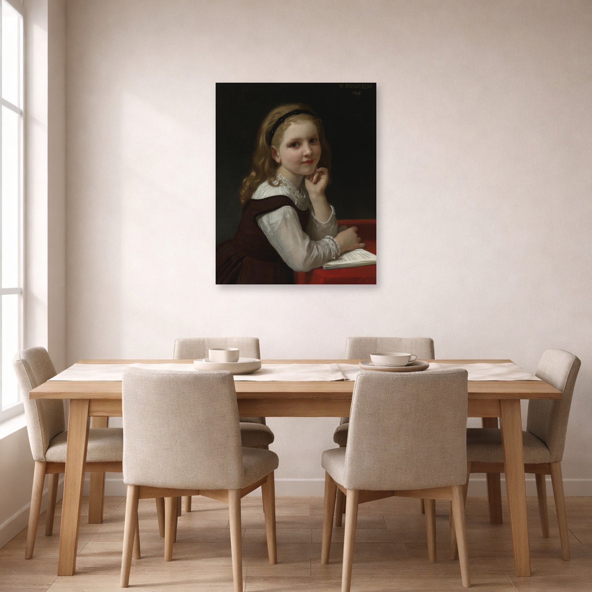 Unframed poster print of William-Adolphe Bouguereau's Distraction displayed on a wall in a dining room