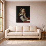 Unframed poster print of William-Adolphe Bouguereau's Distraction displayed on a wall in a living room