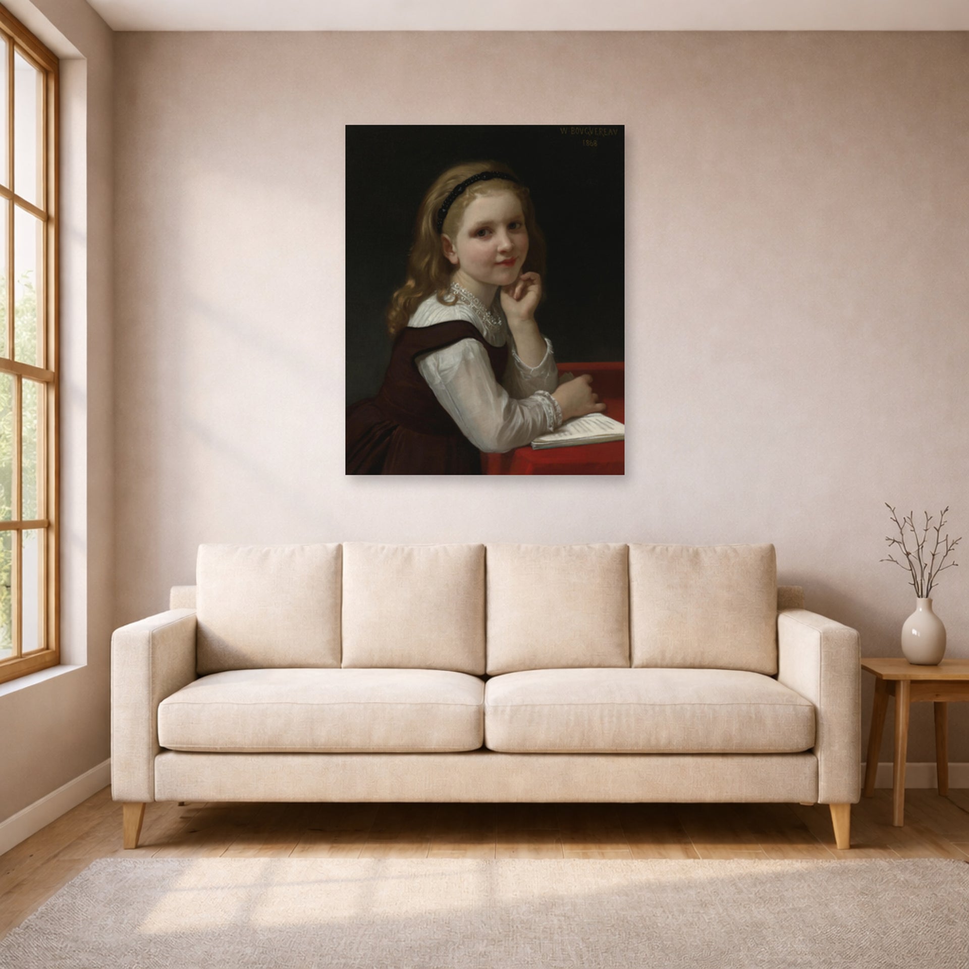 Unframed poster print of William-Adolphe Bouguereau's Distraction displayed on a wall in a living room
