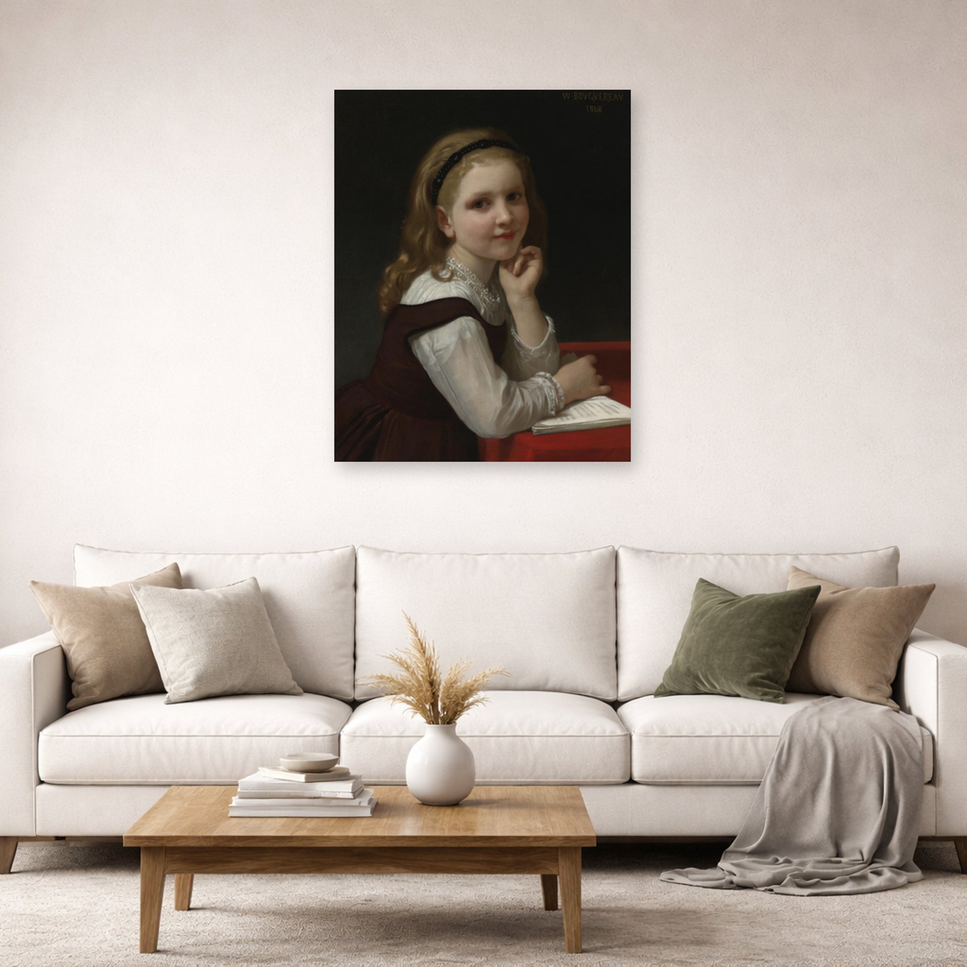 Unframed poster print of William-Adolphe Bouguereau's Distraction displayed on a wall in a second living room setting