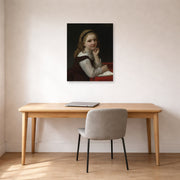 Unframed poster print of William-Adolphe Bouguereau's Distraction displayed on a wall in a office