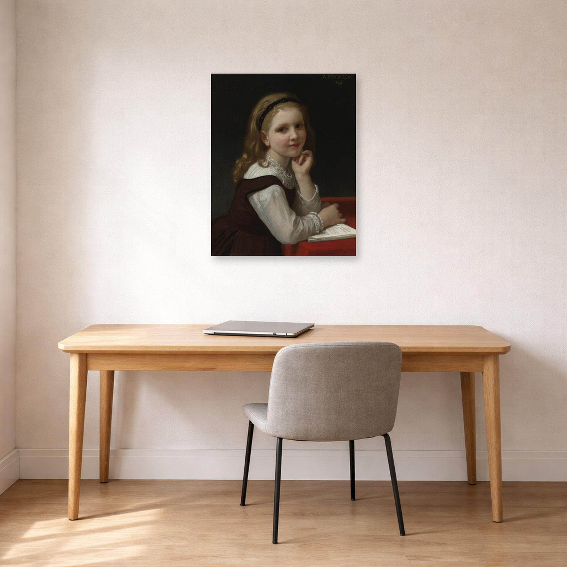 Unframed poster print of William-Adolphe Bouguereau's Distraction displayed on a wall in a office