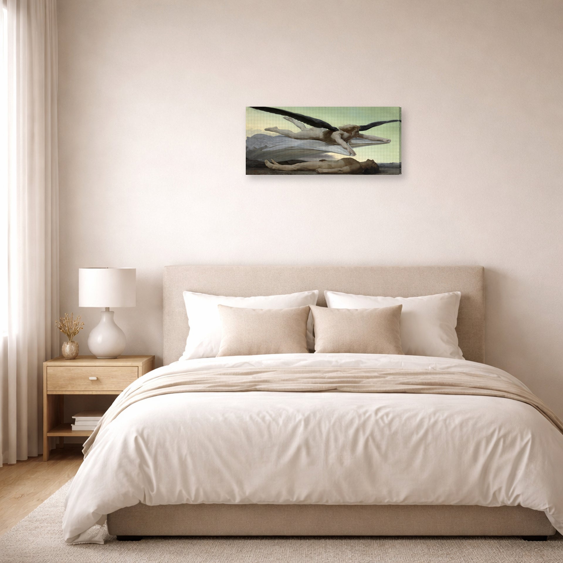 Gallery-wrapped canvas print of William-Adolphe Bouguereau's Equality Before Death displayed on a wall in a bedroom