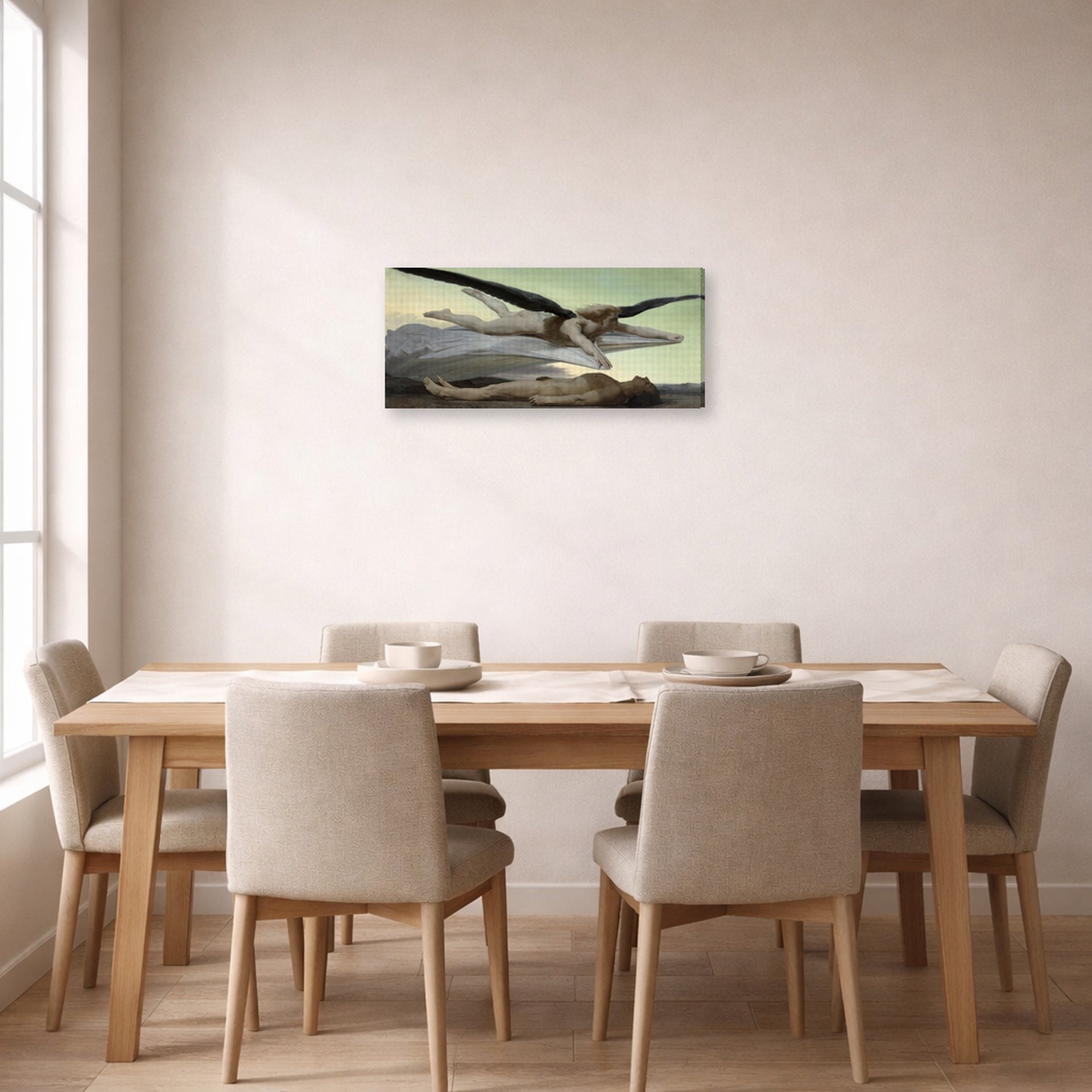 Gallery-wrapped canvas print of William-Adolphe Bouguereau's Equality Before Death displayed on a wall in a dining room