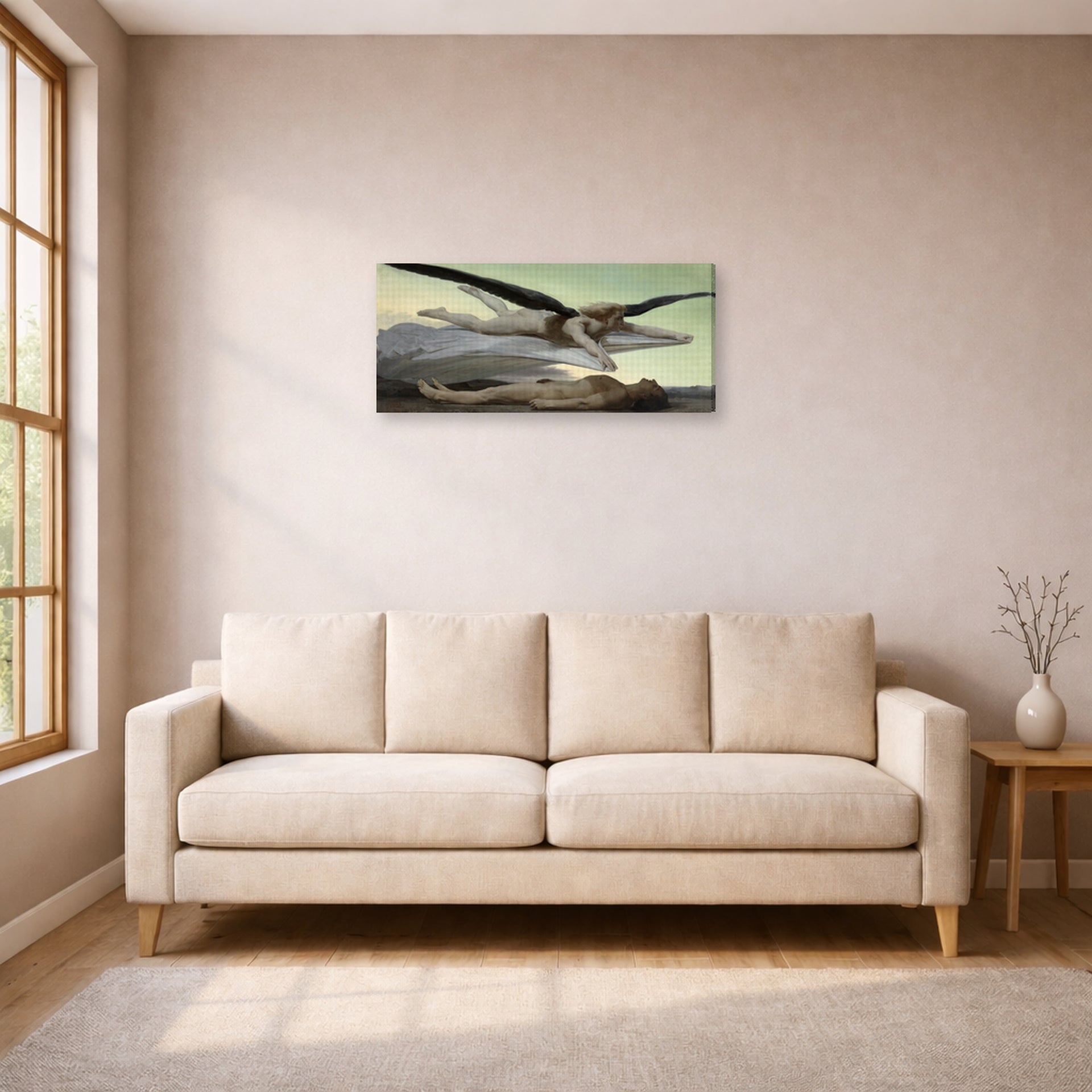 Gallery-wrapped canvas print of William-Adolphe Bouguereau's Equality Before Death displayed on a wall in a living room