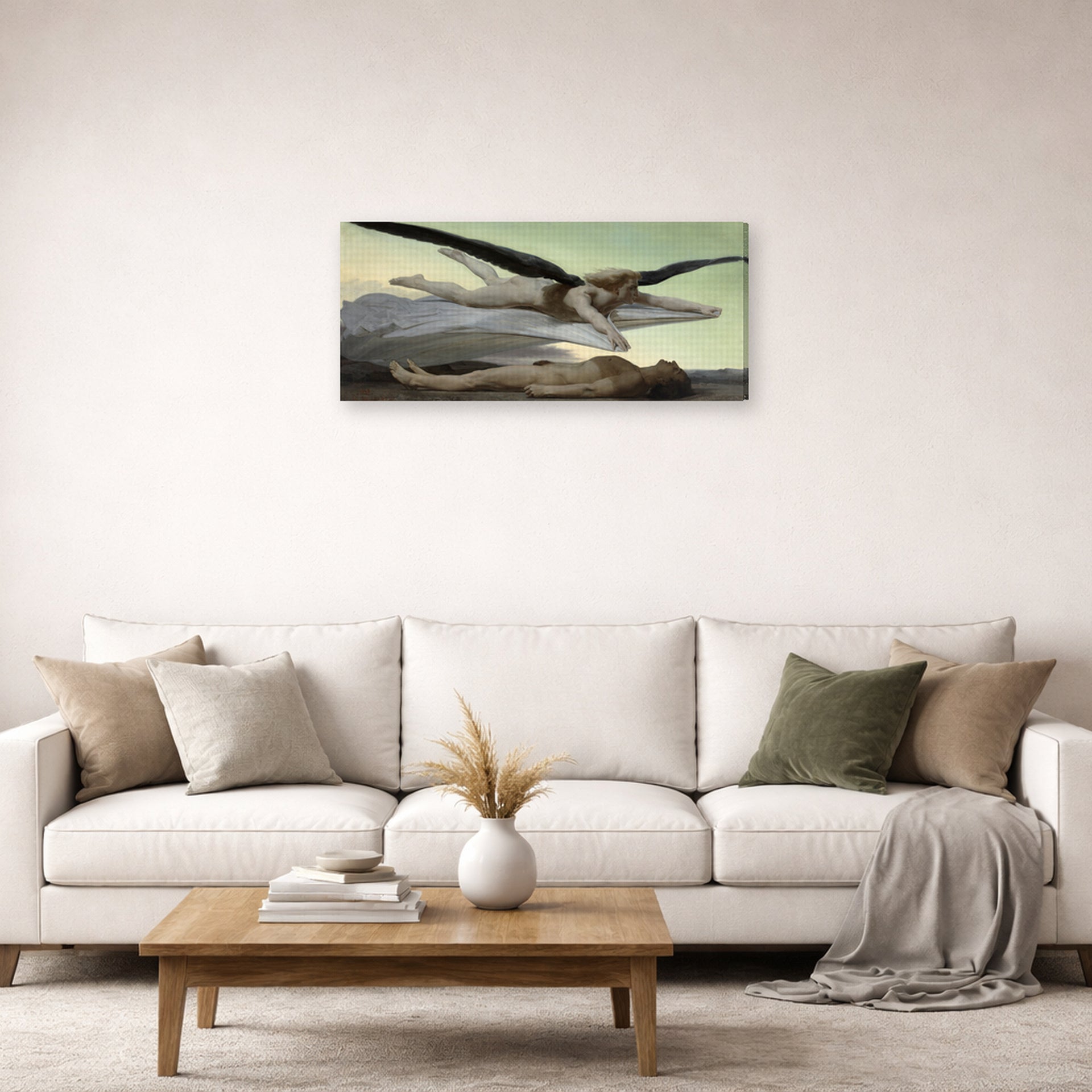 Gallery-wrapped canvas print of William-Adolphe Bouguereau's Equality Before Death displayed on a wall in a second living room setting