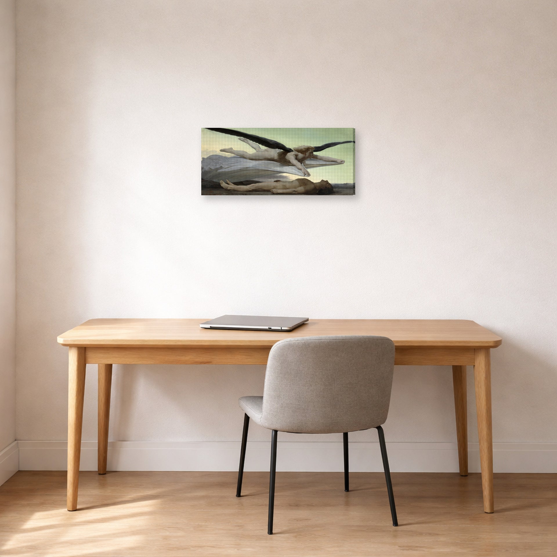 Gallery-wrapped canvas print of William-Adolphe Bouguereau's Equality Before Death displayed on a wall in a office