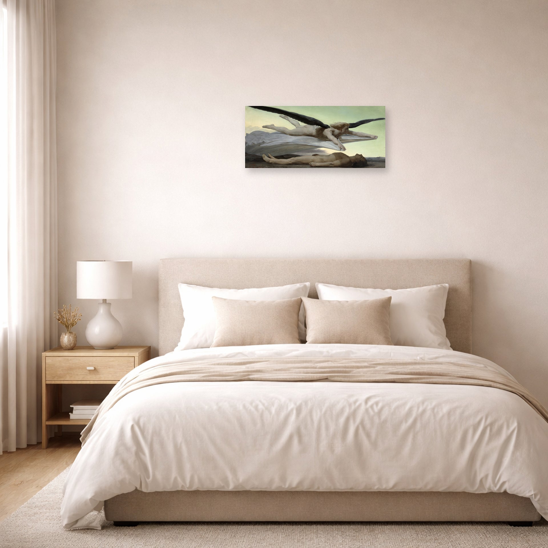 Unframed poster print of William-Adolphe Bouguereau's Equality Before Death displayed on a wall in a bedroom