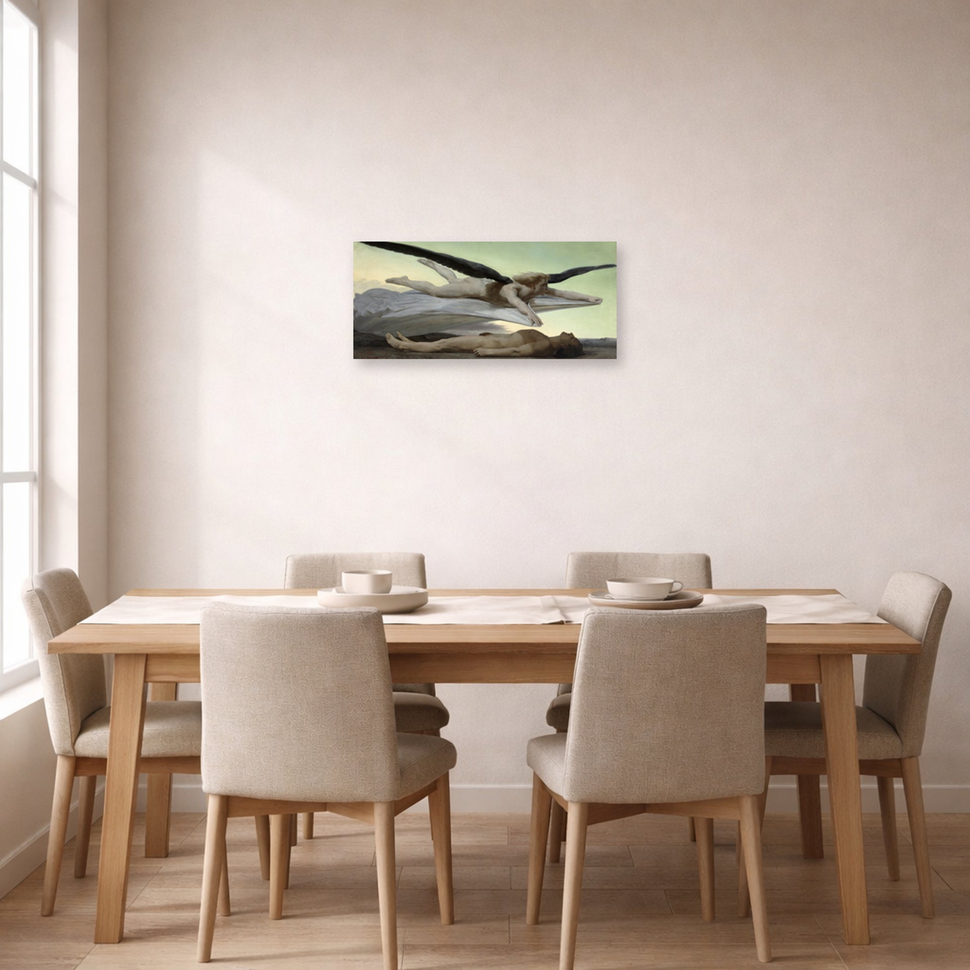 Unframed poster print of William-Adolphe Bouguereau's Equality Before Death displayed on a wall in a dining room