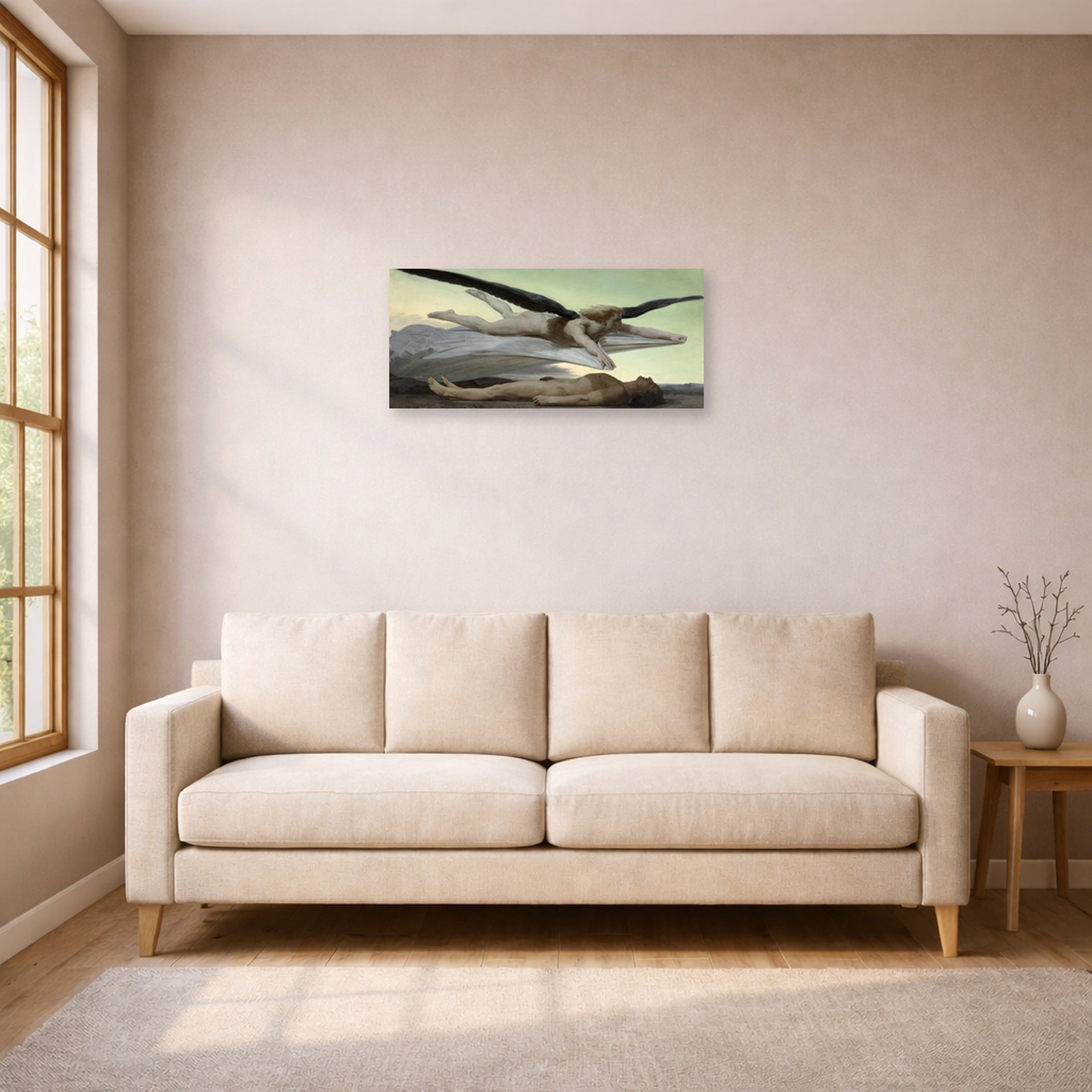 Unframed poster print of William-Adolphe Bouguereau's Equality Before Death displayed on a wall in a living room