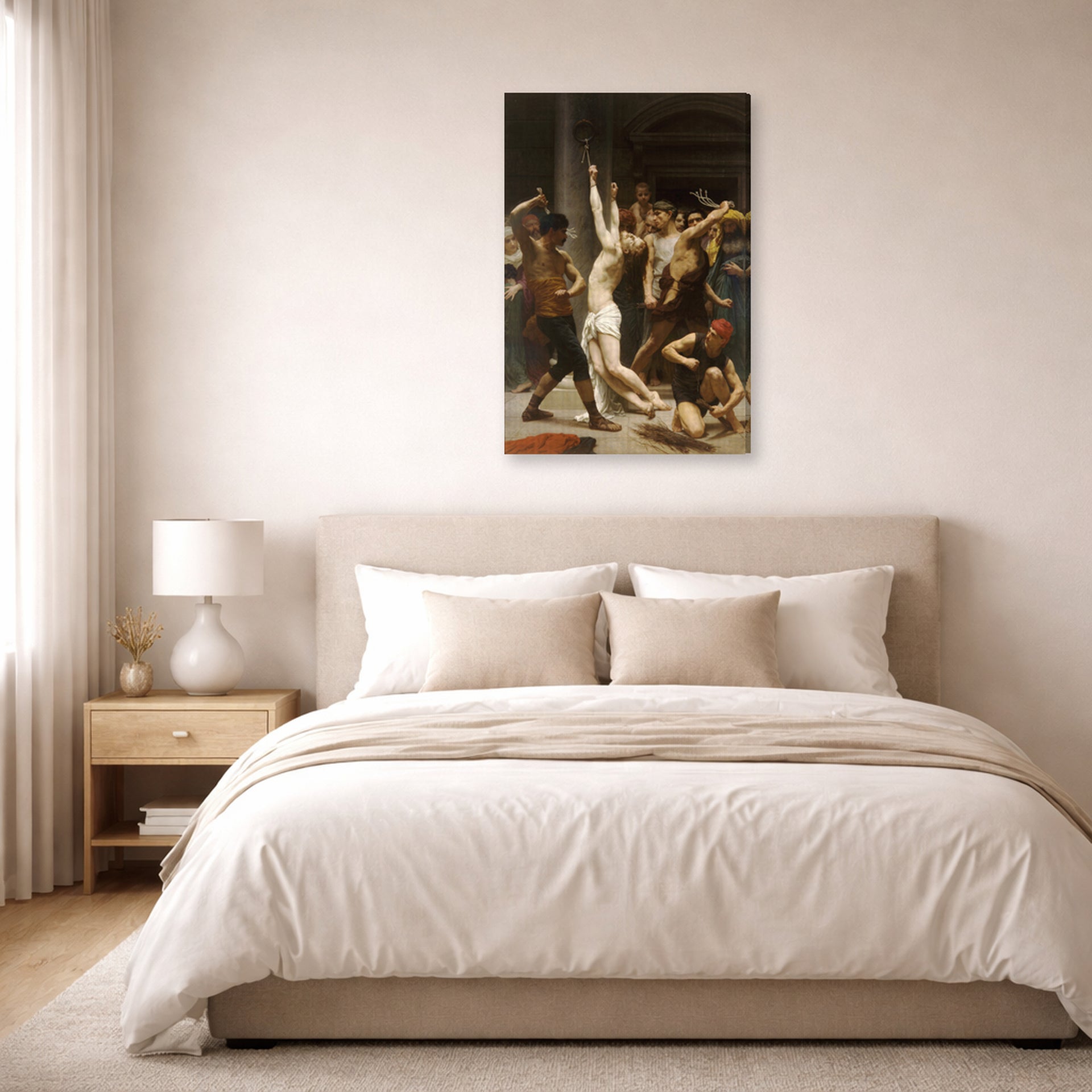 Gallery-wrapped canvas print of William-Adolphe Bouguereau's Flagellation of Our Lord Jesus Christ displayed on a wall in a bedroom