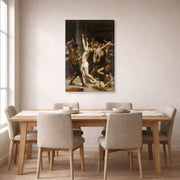 Gallery-wrapped canvas print of William-Adolphe Bouguereau's Flagellation of Our Lord Jesus Christ displayed on a wall in a dining room