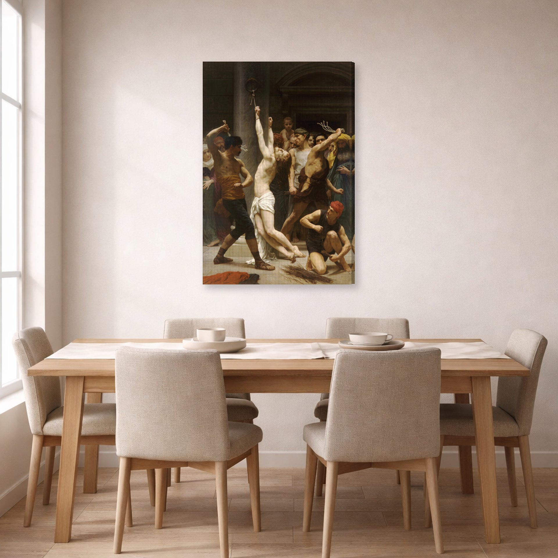 Gallery-wrapped canvas print of William-Adolphe Bouguereau's Flagellation of Our Lord Jesus Christ displayed on a wall in a dining room