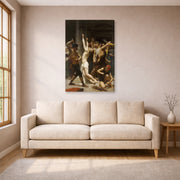 Gallery-wrapped canvas print of William-Adolphe Bouguereau's Flagellation of Our Lord Jesus Christ displayed on a wall in a living room