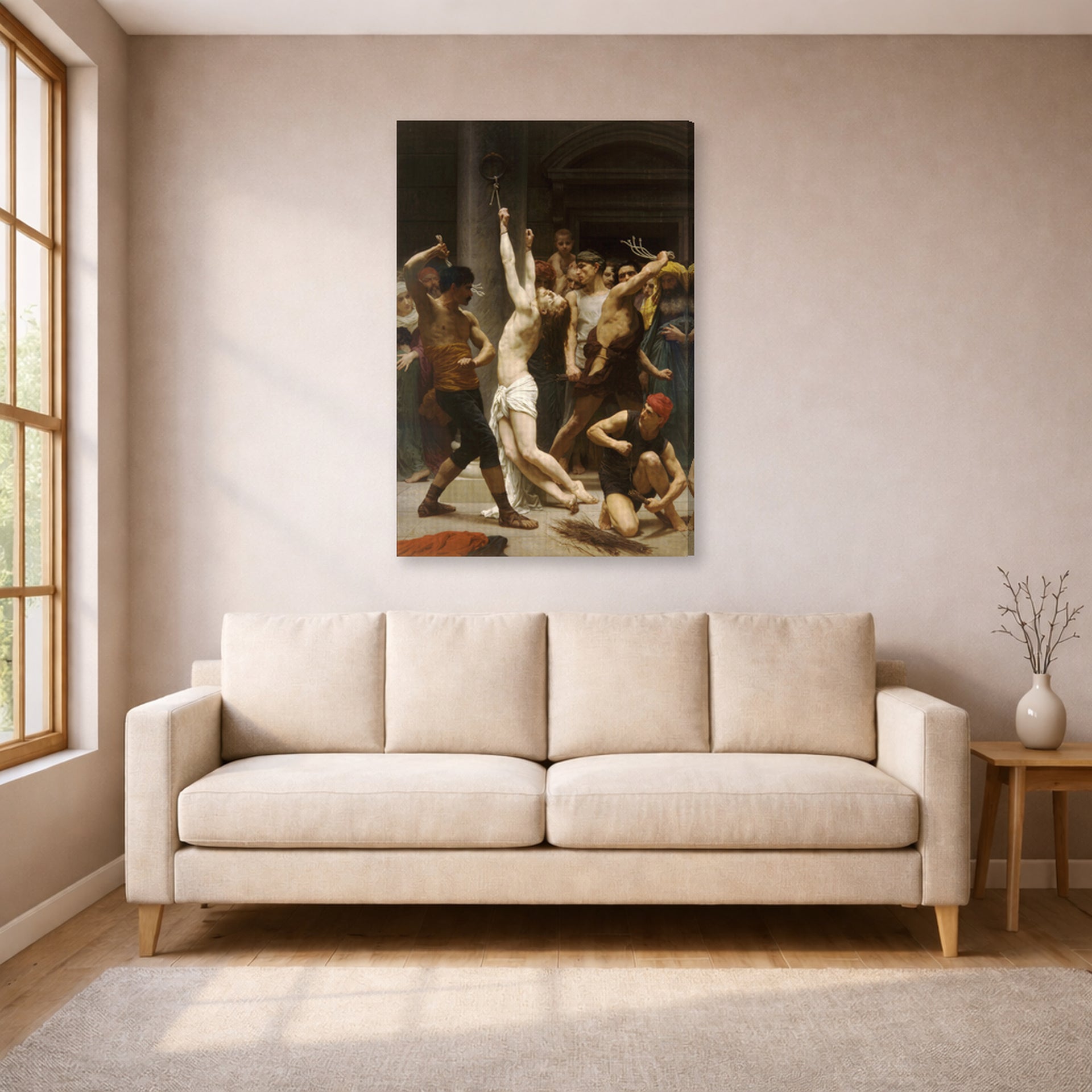 Gallery-wrapped canvas print of William-Adolphe Bouguereau's Flagellation of Our Lord Jesus Christ displayed on a wall in a living room