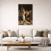 Gallery-wrapped canvas print of William-Adolphe Bouguereau's Flagellation of Our Lord Jesus Christ displayed on a wall in a second living room setting