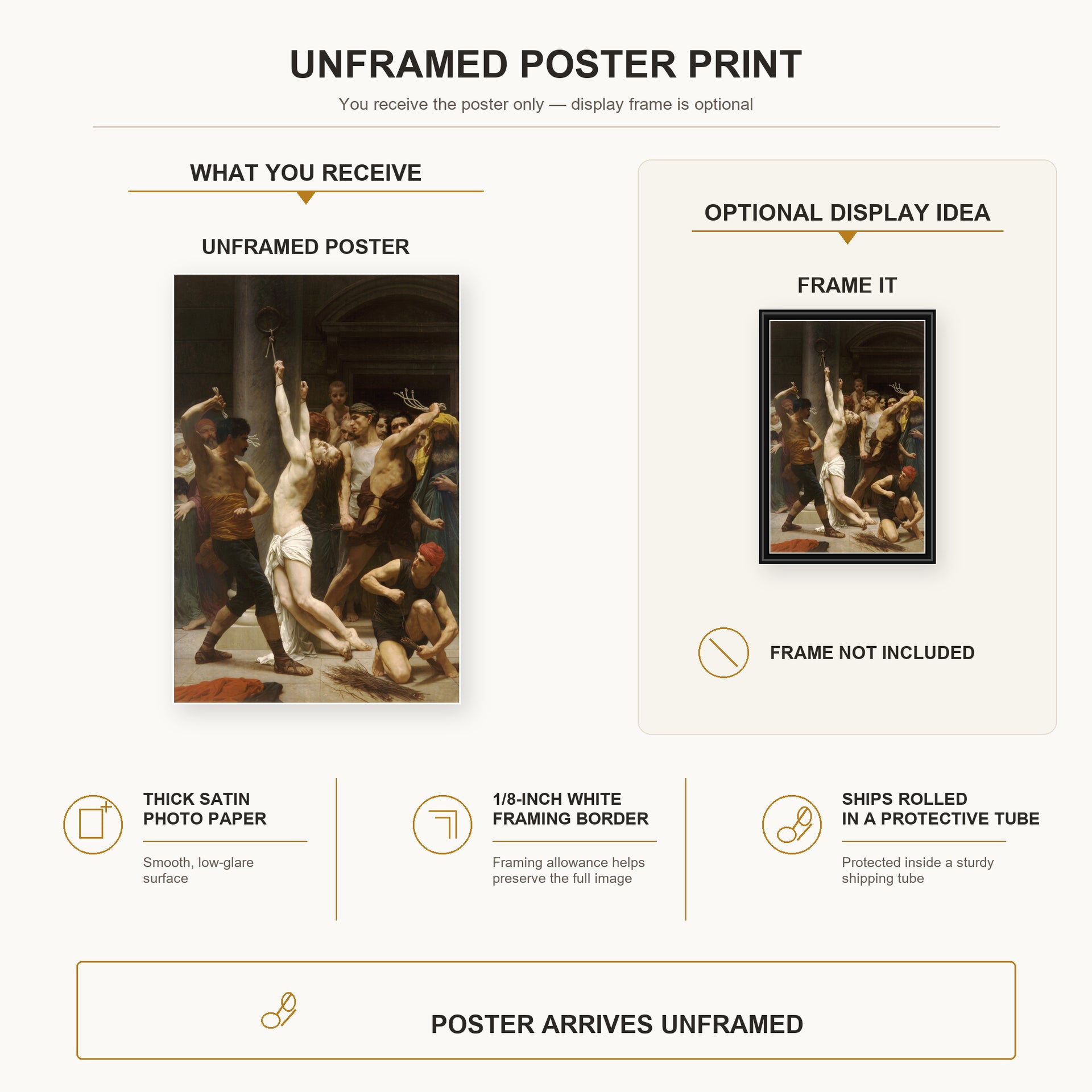 William-Adolphe Bouguereau - Flagellation of Our Lord Jesus Christ poster print size comparison and framing display infographic