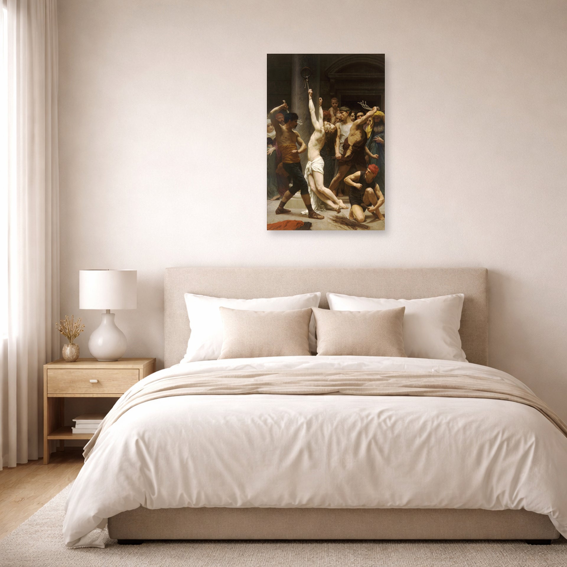 Unframed poster print of William-Adolphe Bouguereau's Flagellation of Our Lord Jesus Christ displayed on a wall in a bedroom