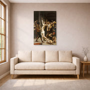 Unframed poster print of William-Adolphe Bouguereau's Flagellation of Our Lord Jesus Christ displayed on a wall in a living room