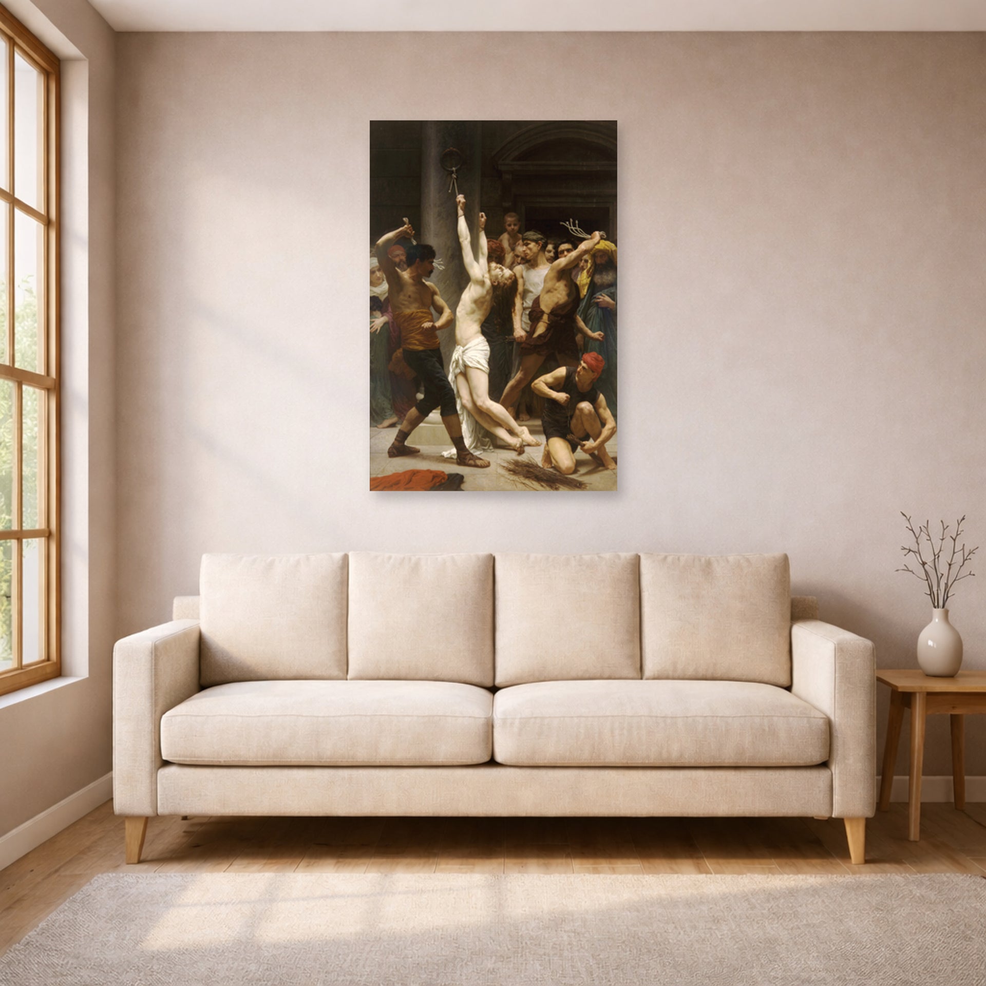 Unframed poster print of William-Adolphe Bouguereau's Flagellation of Our Lord Jesus Christ displayed on a wall in a living room