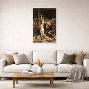 Unframed poster print of William-Adolphe Bouguereau's Flagellation of Our Lord Jesus Christ displayed on a wall in a second living room setting