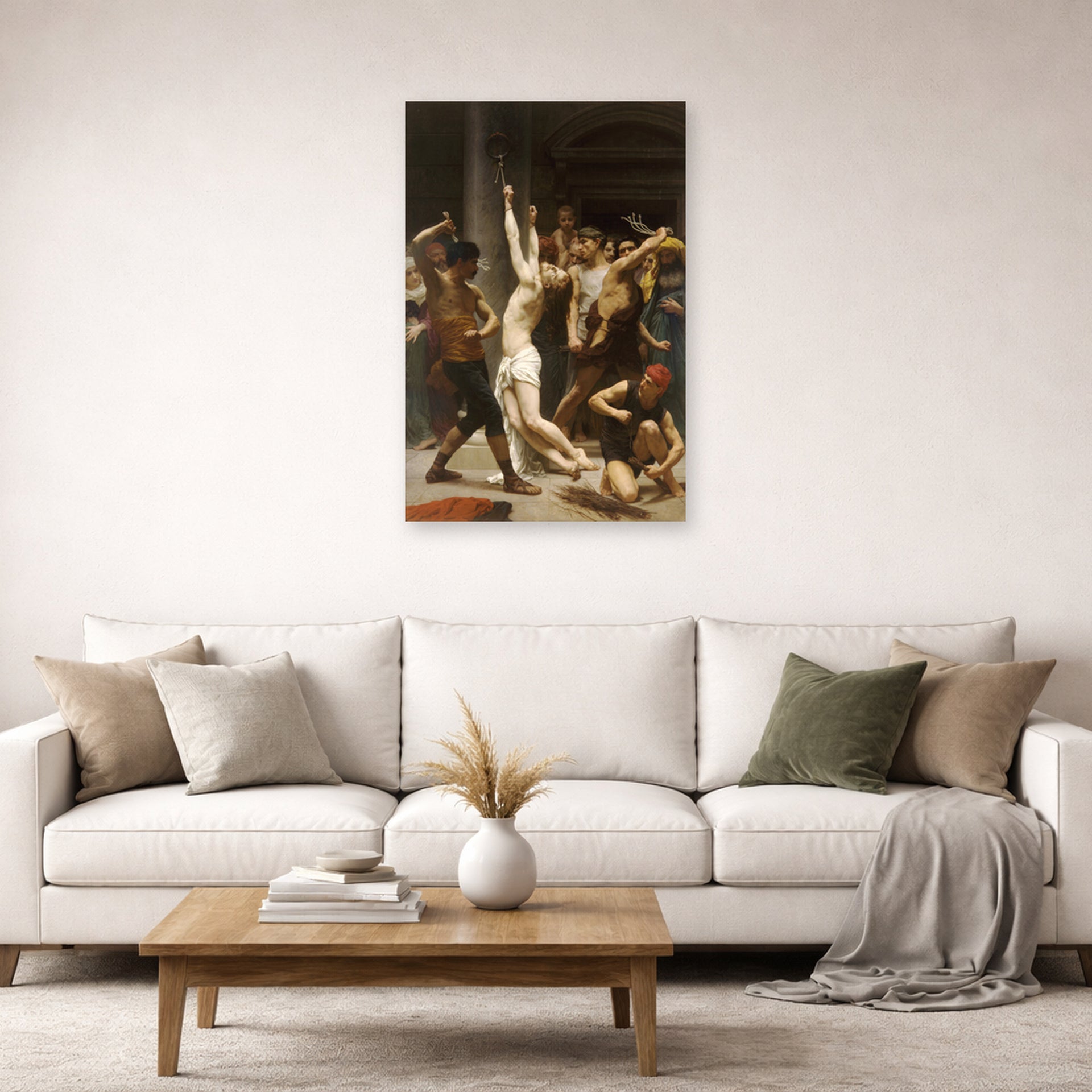 Unframed poster print of William-Adolphe Bouguereau's Flagellation of Our Lord Jesus Christ displayed on a wall in a second living room setting