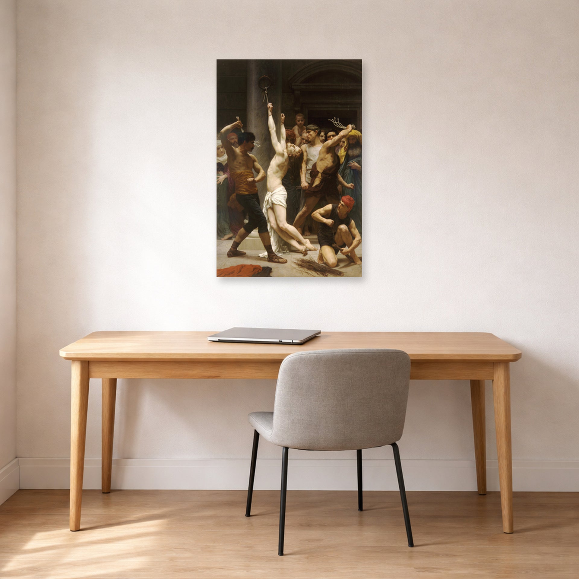 Unframed poster print of William-Adolphe Bouguereau's Flagellation of Our Lord Jesus Christ displayed on a wall in a office