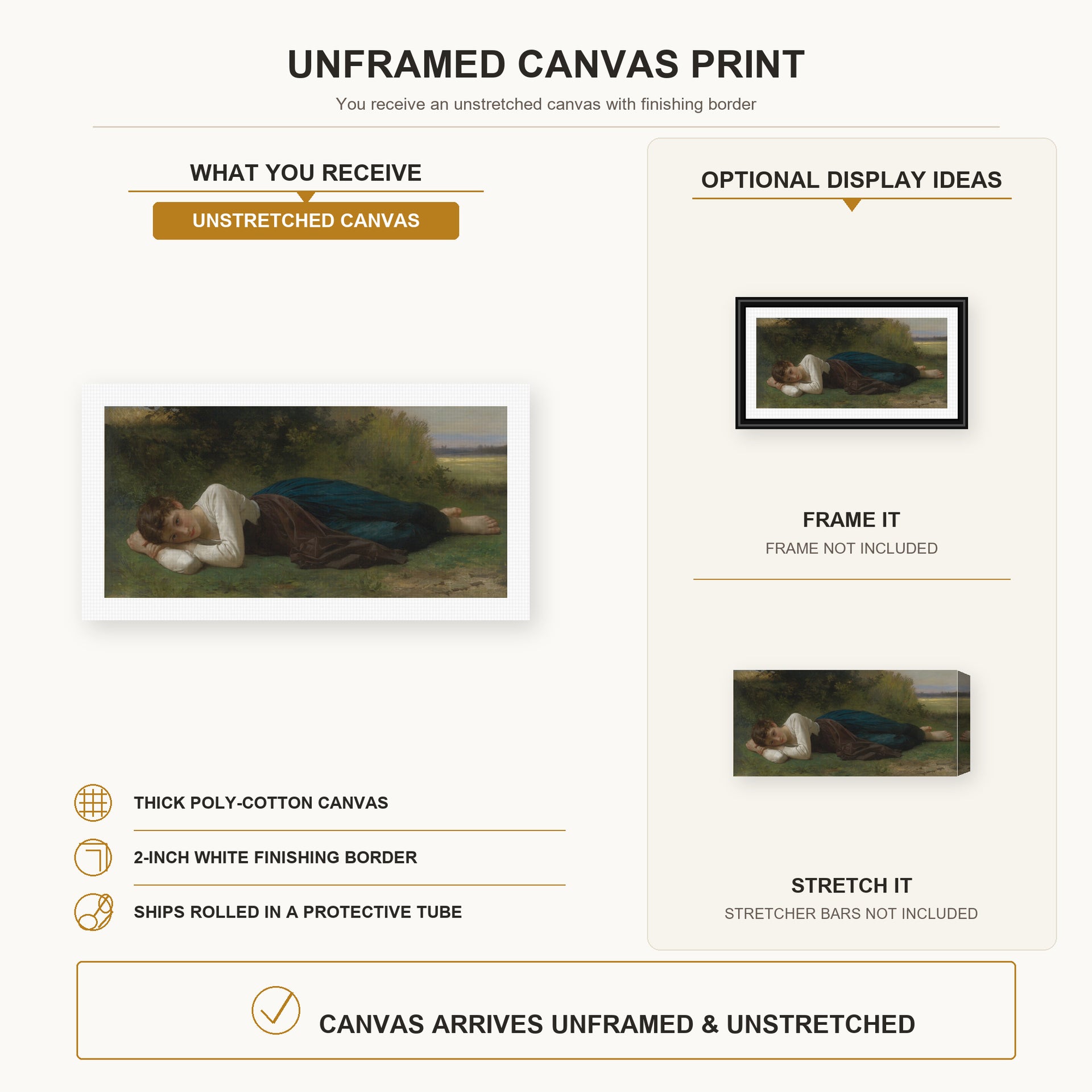 William-Adolphe Bouguereau - Girl Lying canvas print size comparison and framing display infographic