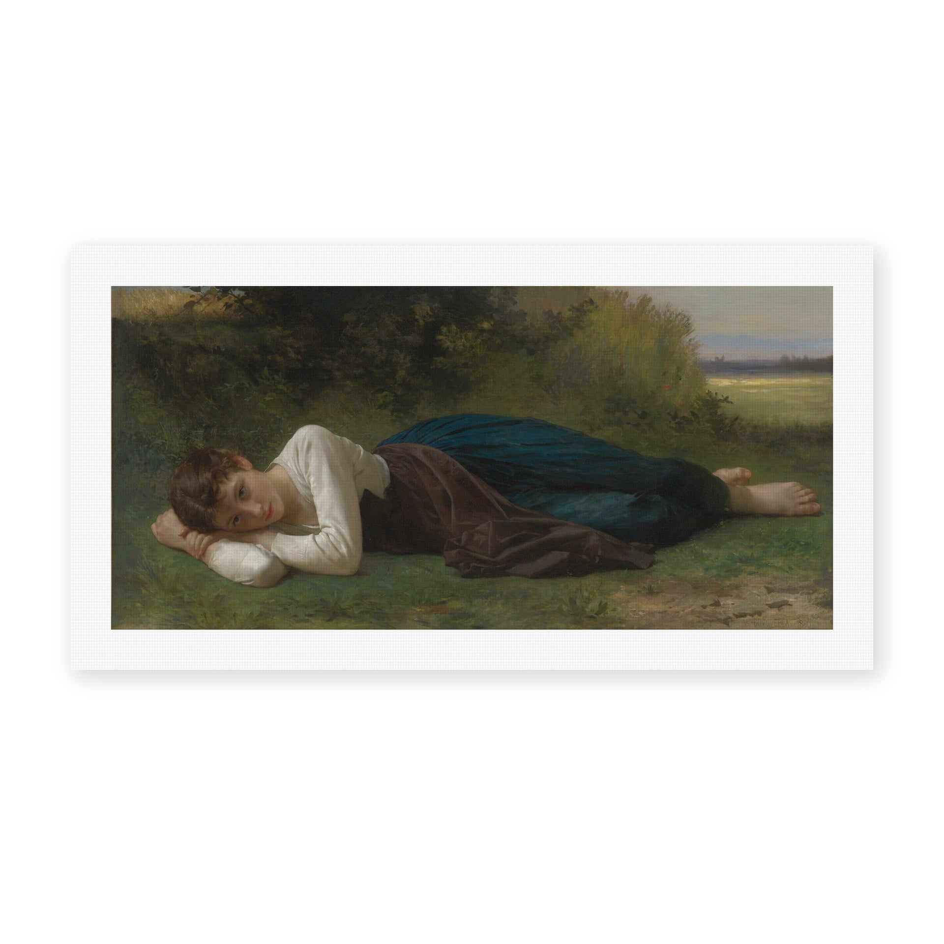 William-Adolphe Bouguereau's 'Girl Lying' painting reproduced as a rolled canvas print