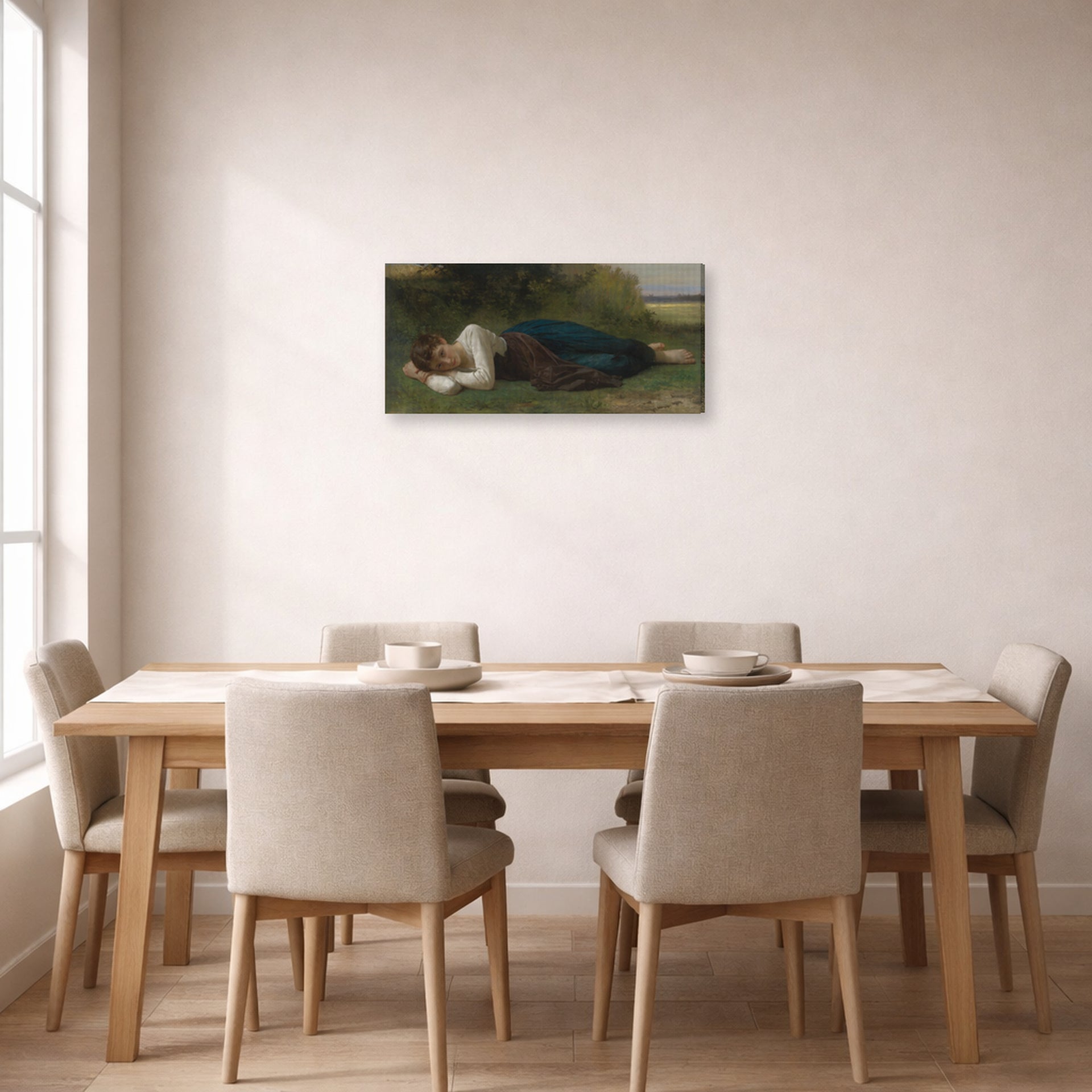 Gallery-wrapped canvas print of William-Adolphe Bouguereau's Girl Lying displayed on a wall in a dining room